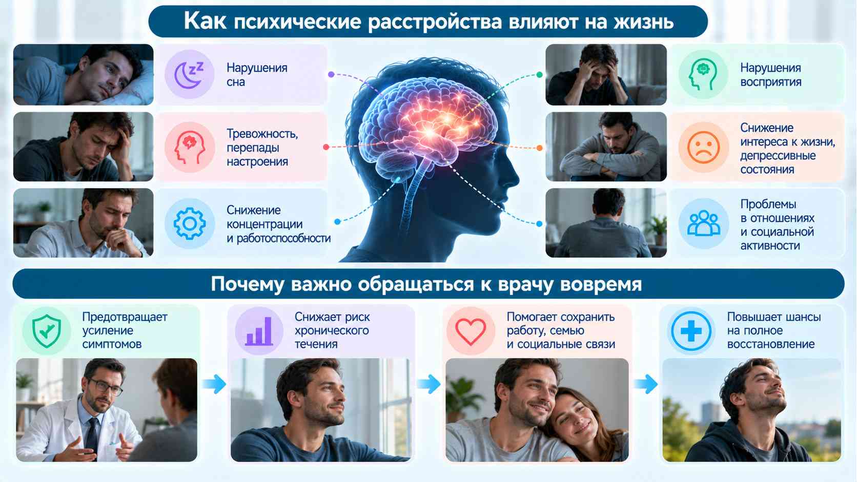Психические расстройства — основные признаки и важность своевременного лечения. Инфографика о психических расстройствах: нарушения сна, тревожность, снижение концентрации, изменения настроения, трудности в отношениях и преимущества своевременного обращения к врачу.